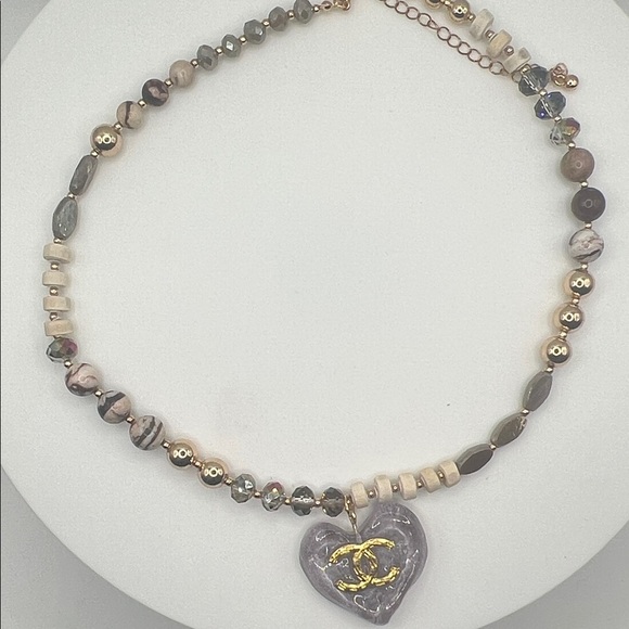 Upcycled Jewelry - 183. Purple Heart Charm Necklace with Gold and Cream Chain